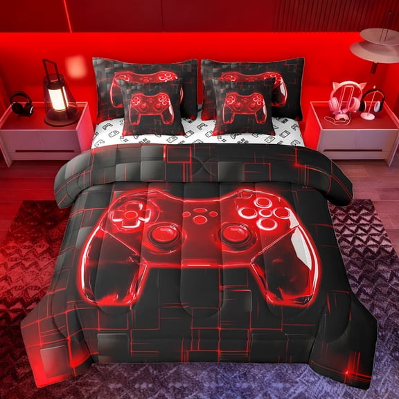 Homewish Neon Red Gamepad Bedding Comforter Set 7pcs for Teens, Futuristic Checkered Honeycomb King Bedding Sets, Game Console Reversible Bed Sheets, Breathable Home Decor