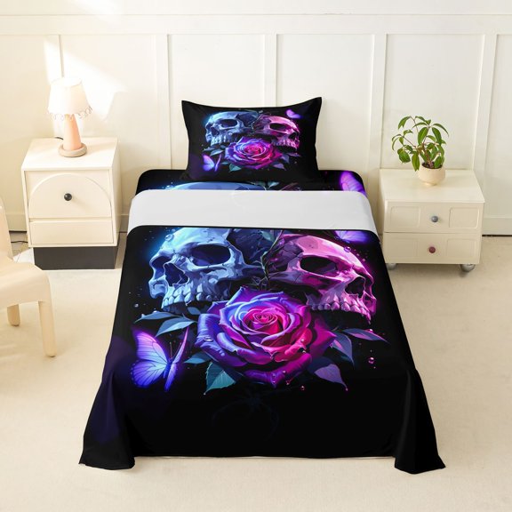 Homewish Neon Skull Rose Butterfly Twin Sheets for Teens, Black Purple Gothic Skeleton Bedding, 3 Pieces, 1 Flat Sheet, 1 Fitted Sheet and 1 Pillowcase