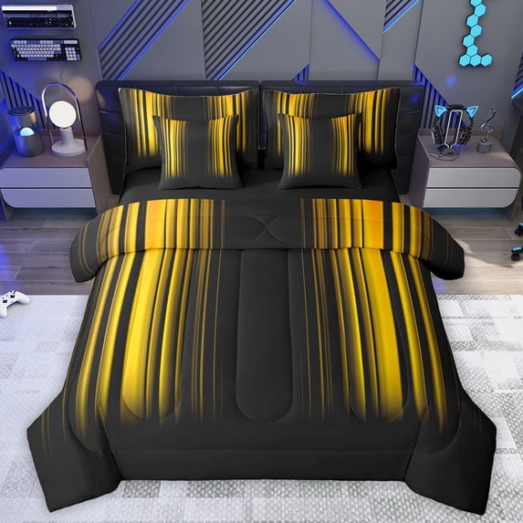 Homewish Neon Stripe 7pcs Bedding Comforter Set,Modern Geometric Print Queen Bedding Sets,Yellow Black Queen Sheet Sets For Girls Boys,Ultra Soft Home Decor Reversible