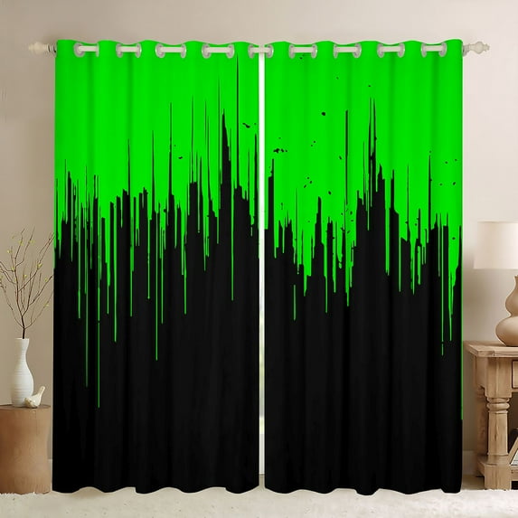 Homewish Neon Stripe Black Out Curtains,Modern Geometric Print Curtains Pack of 2 (42x63 Each),Green Black Bedroom Curtains For Girls Boys,Ultra Soft Home Decor
