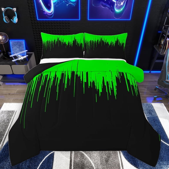 Homewish Neon Stripe Queen Comforter Set,Modern Geometric Print Bedding Sets,Green Black Bedding Comforter Set For Girls Boys,Ultra Soft Home Decor Reversible,3pcs