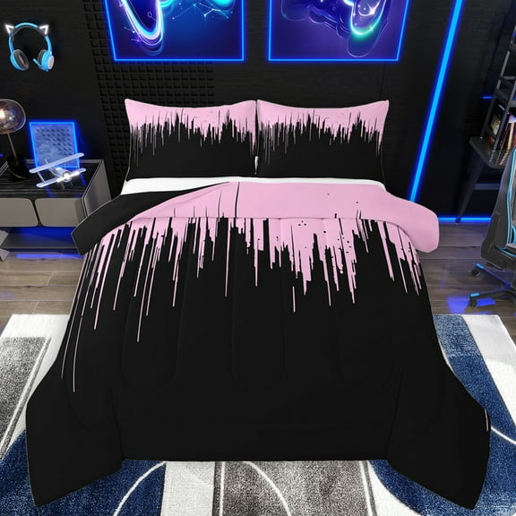 Homewish Neon Stripe Queen Comforter Set,Modern Geometric Print Bedding Sets,Pink Black Bedding Comforter Set For Girls Boys,Ultra Soft Home Decor Reversible,3 Pieces