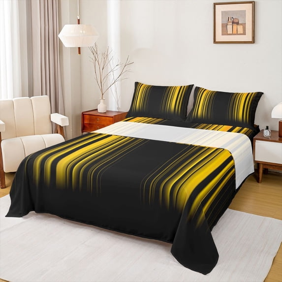 Homewish Neon Stripe Twin Sheet Sets,Modern Geometric Print Twin Fitted Sheet,Yellow Black Flat Sheet For Girls Boys,Ultra Soft Home Decor,3-Piece