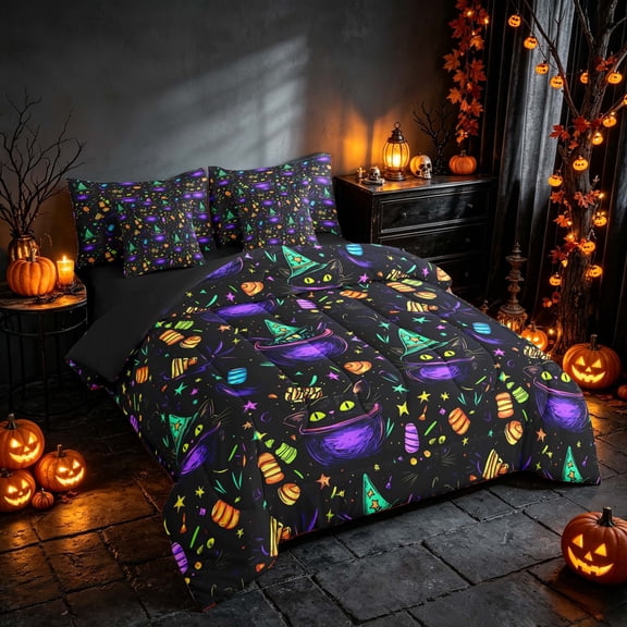 Homewish Neon Witch Cat Twin Bedding, Halloween Candy Stars Bedding Comforter Set, Black Purple Green, Black Reversible 7-Piece