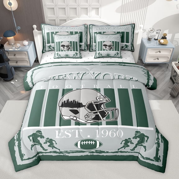 Homewish New York City 7-Piece Bedding Comforter Set,Boys Ball Game Sport King Bedding Sets,Gray Rugby Helmet Bed Sheets For Boys,Super Cozy Room Decor Reversible