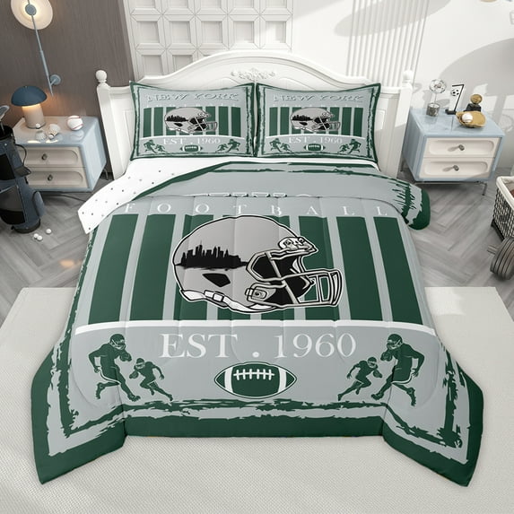 Homewish American Rugby City Bedding Comforter Set,Ball Sport Twin Comforter Sets,Gray Rugby Helmet Bedding Set For Boys,Super Cozy Room Decor Reversible,2-Piece