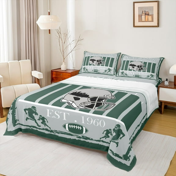 Homewish New York City Full Size Sheets,Ball Sport Sport Bed Sheets,Gray Rugby Helmet Sheet Sets For Boys,Super Cozy Room Decor,4 Pieces