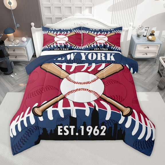 Homewish New York Silhouette Bedding Comforter Set,Baseball Sport Game Twin Comforter Sets,Red Blue White Bedding Set For Boys,Super Cozy Room Decor Reversible,2pcs