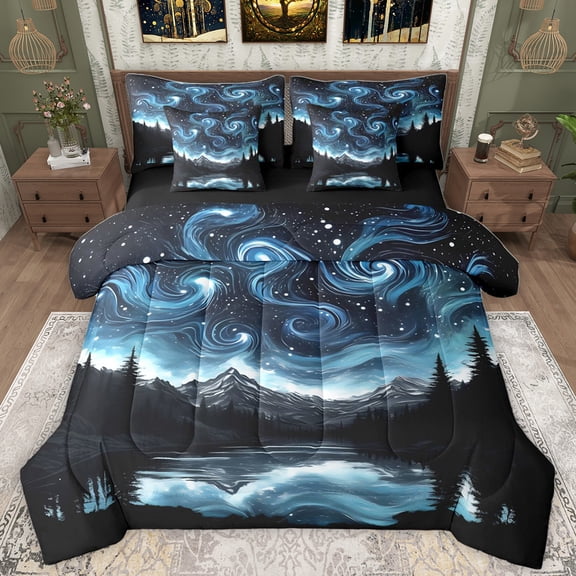 Homewish Ngalaxy Starry Sky 7-Piece Twin Bedding Sets,Natural Scenery Bedding Comforter Set,Oil Painting Artistic Sheet Sets For Girls Boys,Breathable Home Decor Reversible