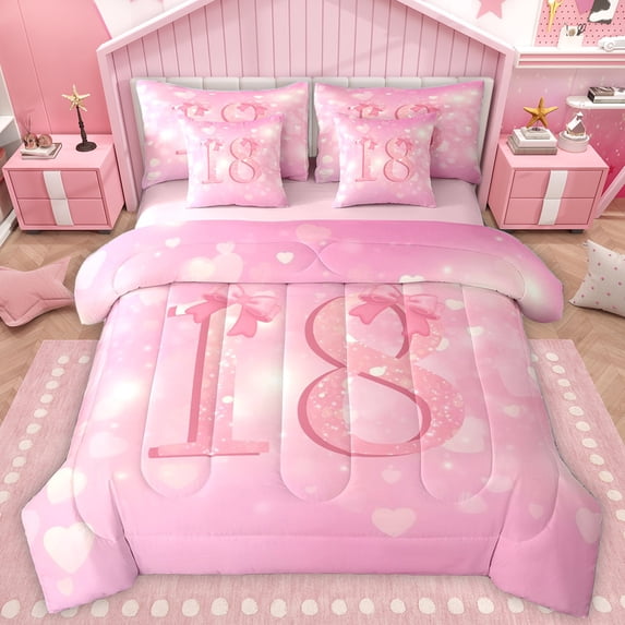 Homewish Number 18 7-Piece Twin Bedding Sets,Personalized Birthday Bedding Comforter Set,Pink Lovely Bow Knot Sheet Sets For Girls,Luxury Bedroom Decor Reversible