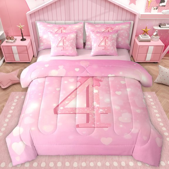 Homewish Number 4 7-Piece Twin Bedding Sets,Personalized Birthday Bedding Comforter Set,Pink Lovely Bow Knot Sheet Sets For Girls,Luxury Bedroom Decor Reversible