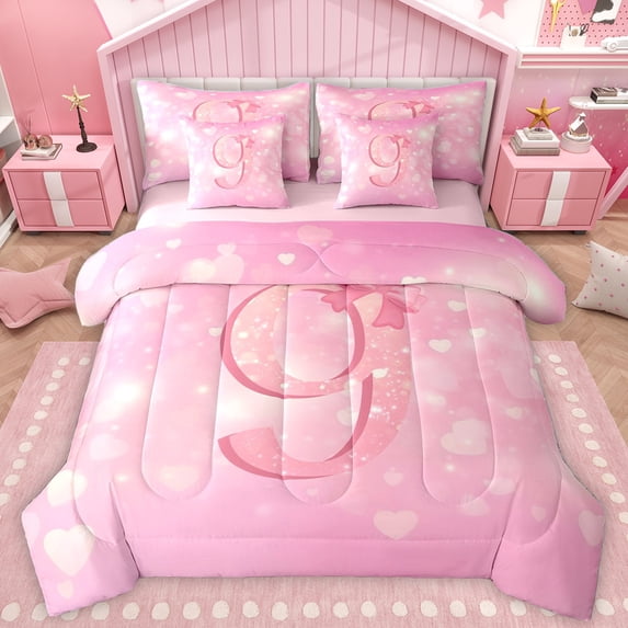 Homewish Number 9 7-Piece Bedding Comforter Set,Personalized Birthday King Bedding Sets,Pink Lovely Bow Knot Bed Sheets For Girls,Luxury Bedroom Decor Reversible