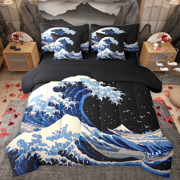 Homewish Ocaen Sea Wave 7-Piece Bedding Comforter Set,Natural Scenery King Bedding Sets,Japanese Ukiyo-E Bed Sheets For Teens,Luxury Bedroom Decor Reversible
