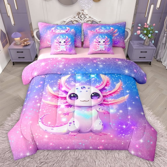 Homewish Ocean Animal Axolotl 7-Piece Twin Bedding Sets,Pink Cute Salamander Bedding Comforter Set,Gradient Pink Purple Sheet Sets For Girls Boys,Luxury Bedroom Decor Reversible