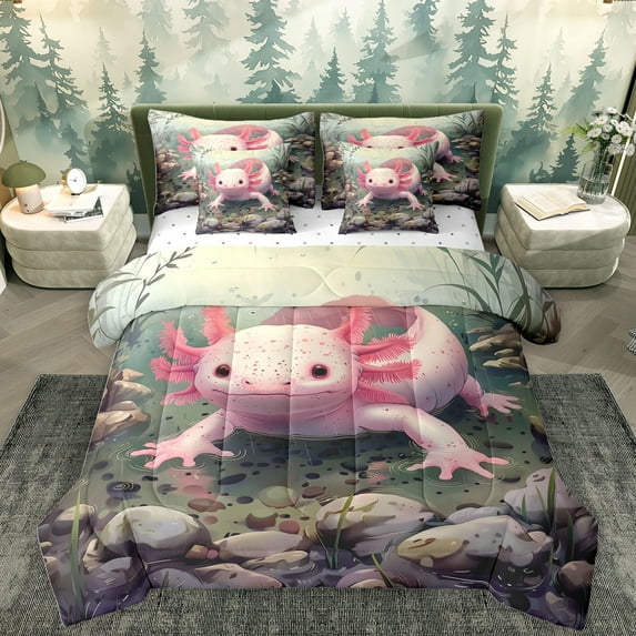 Homewish Ocean Animal Axolotl 7 Pieces Bedding Comforter Set,Sea Salamander Full Bedding Set,Pink Brown Fitted Sheet Flat Sheet For Girls Boys,Luxury Bedroom Decor Reversible