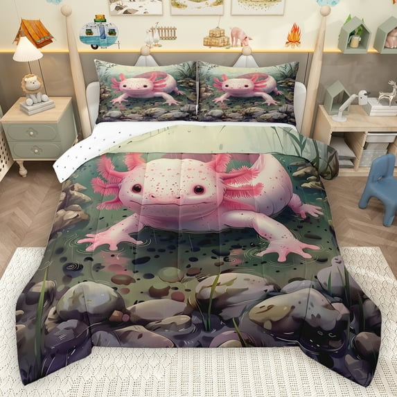 Homewish Ocean Animal Axolotl Bedding Comforter Set,Sea Salamander Twin Comforter Sets,Pink Brown Bedding Set For Girls Boys,Luxury Bedroom Decor Reversible,2pcs