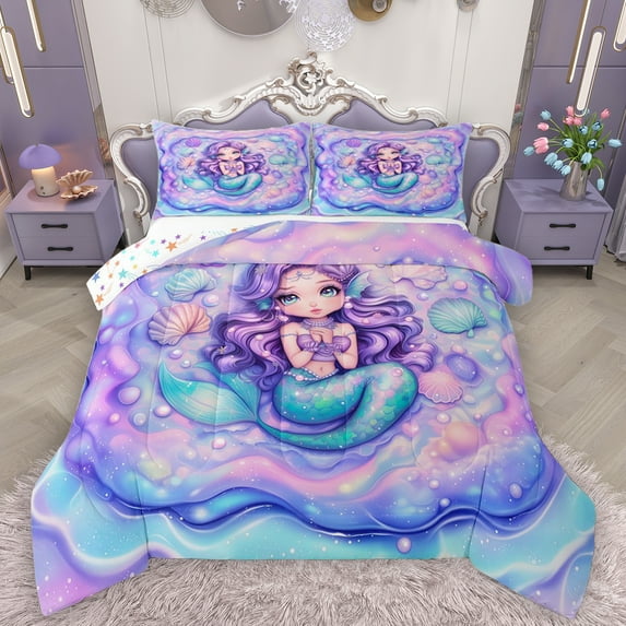 Homewish Ocean Animal Mermaid Bedding Comforter Set,Watercolor Sealife Twin Comforter Sets,Pink Blue Purple Bedding Set For Teens,Luxury Bedroom Decor Reversible,2 Pieces