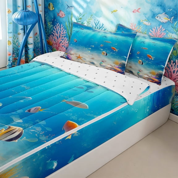 Homewish Ocean Fishes Zipper Twin Comforter Sets with Fitted Sheet and 2 Pillowcases,Underwater World Zipper Bedding Set for Boys Girls,4-Piece