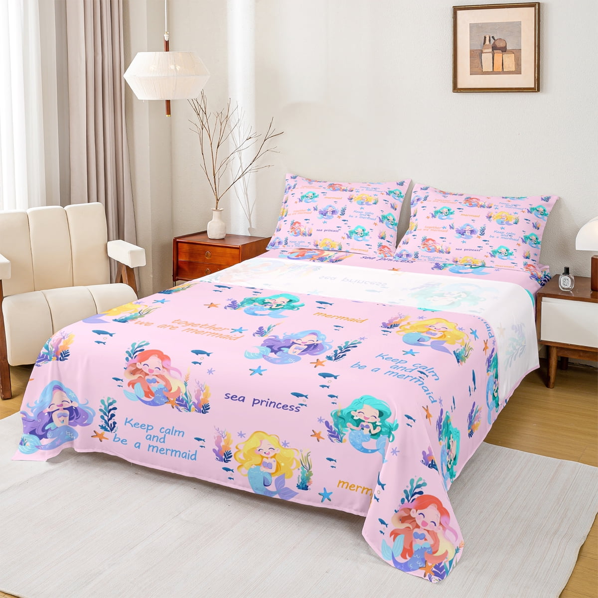 Homewish Ocean Mermaid 4-Piece Full Size Sheets for Children Teens