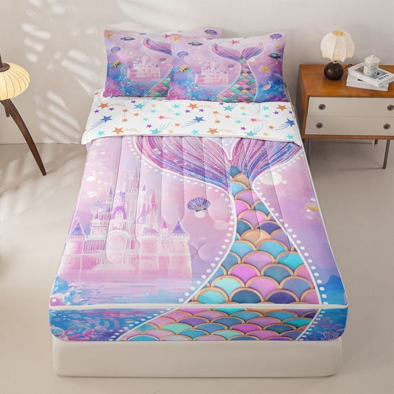 Homewish Ocean Mermaid Kid Zipper Twin Comforter Sets with Fitted Sheet and 2 Pillowcases, Dreamy Princess Castle Zipper Bedding Set, Stars Reversible, 4pcs