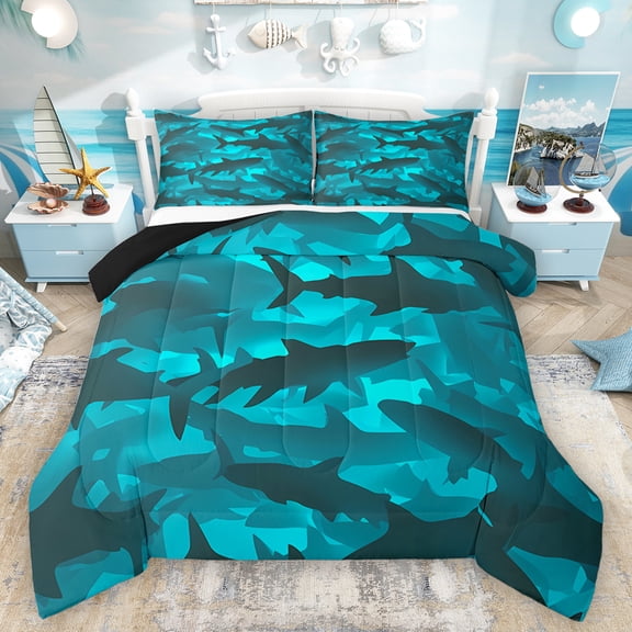 Homewish Ocean Shark Print Queen Comforter Set, Kawaii Sealife Animal Bedding Sets, Ocean Marine Theme Reversible Bedding Comforter Set, Ultra Soft Bedroom Decor, 3-Piece