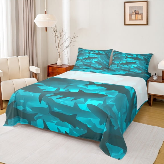 Homewish Ocean Shark Print Twin Sheet Sets, Kawaii Sealife Animal Twin Fitted Sheet, Ocean Marine Theme Flat Sheet, Ultra Soft Bedroom Decor, 3-Piece