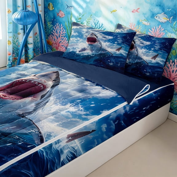 Homewish Ocean Shark Zipper Twin Comforter Sets with Fitted Sheet and 2 Pillowcases,Underwater World Animal Zipper Bedding Set for Boys Girls,4-Piece,Navy Blue Reversible