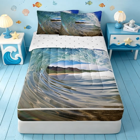 Homewish Ocean Surf Zipper Queen Comforter Set with Fitted Sheet and 2 Pillowcases,Barrel Wave Seaside Zipper Bedding Set For Boys,Reversible,4-Piece