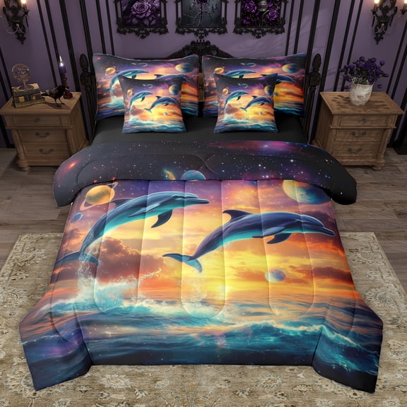 Homewish Ocean Whale 7-Piece Bedding Comforter Set,Sea Sealife King Bedding Sets,Orange Sunset Bed Sheets For Boys Kids,Microfiber Bedroom Decor Reversible