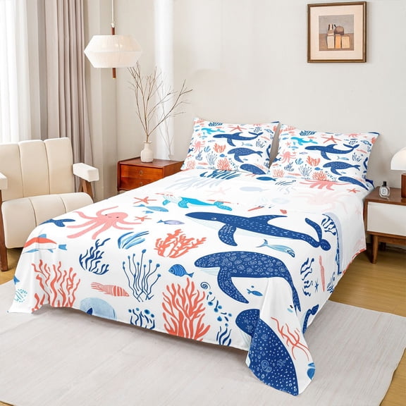 Homewish Ocean Whale Animal Twin Sheet Sets for Kids, Cartoon Octopus Fish Twin Fitted Sheet, Hippie Marine Coral Flat Sheet, Ultra Soft Bedroom Decor, 3-Piece