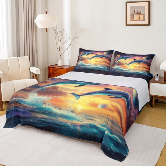 Homewish Ocean Whale Bed Sheets,Sea Sealife King Sheets,Orange Sunset Sheet Set For Boys Kids,Microfiber Bedroom Decor,4 Pieces