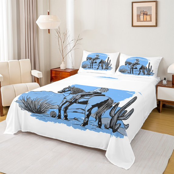 Homewish Oil Painting Artistic Twin Sheet Sets,Southwestern Cowgirl Tropical Cactus Twin Fitted Sheet,White Blue Flat Sheet For Kids,Super Cozy Room Decor,3pcs