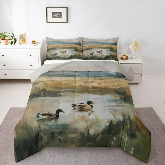 Homewish Oil Painting Bedding Comforter Set,Farm Mallard Duck Twin Comforter Sets,Rustic Farmhouse Cabin Bedding Set For Men Women,Microfiber Bedroom Decor Reversible,2pcs