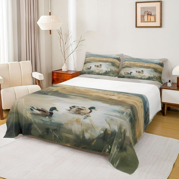 Homewish Oil Painting Full Size Sheets,Farm Mallard Duck Bed Sheets,Rustic Farmhouse Cabin Sheet Sets For Men Women,Microfiber Bedroom Decor,4-Piece