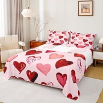 Homewish Oil Painting Loves Twin Sheet Sets,Valentine'S Day Theme Twin Fitted Sheet,Pink Red Flat Sheet For Men Women,Microfiber Bedroom Decor,3-Piece