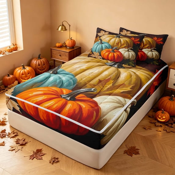 Homewish Oil Painting Pumpkin Zipper Queen Comforter Set with Fitted Sheet and 2 Pillowcases, Vintage Maple Leaf Zipper Bedding Set, Teal Orange Cream Dark Brown, Black Reversible