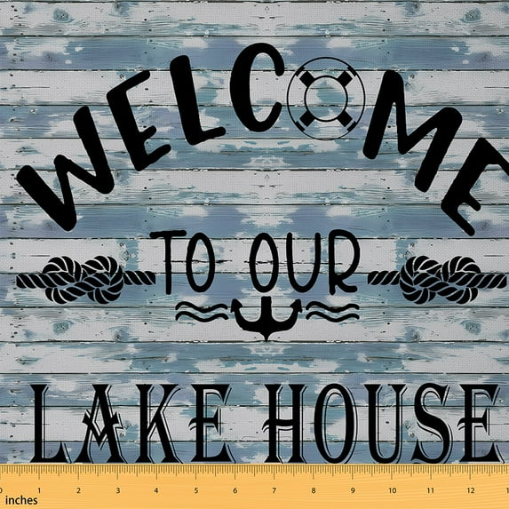 Homewish Old Barn Door Fabric by the Yard 1 Yard,Lake House Home Decor Fabric by the Yard,Blue Black Sewing Fabric For Kids,Breathable Home Decor