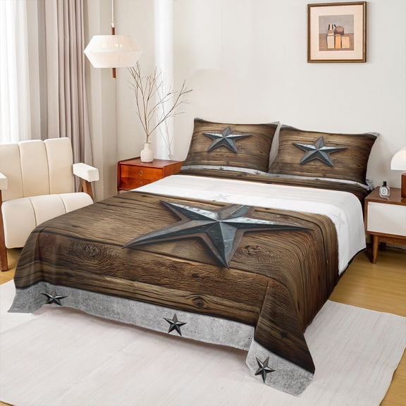 Homewish Old Barn Door Twin Sheet Sets,3D Texas Stars Twin Fitted Sheet,Rustic Farmhouse Cabin 03 For Boys Teens,Super Cozy Room Decor,3pcs
