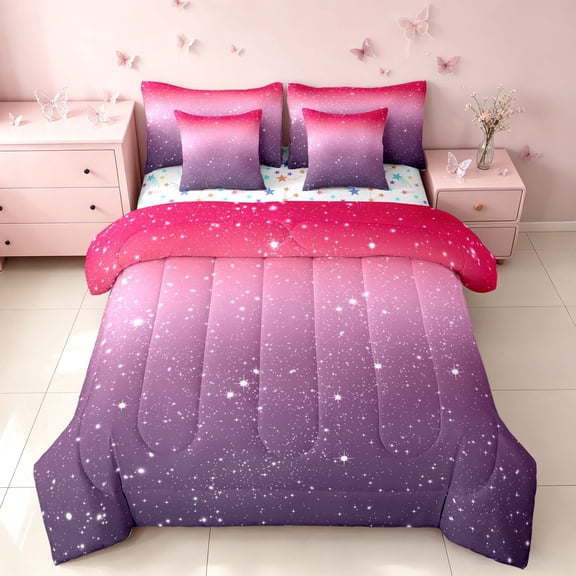 Homewish Ombre Blings Print Full Size Bedding Sets for Girls, CRed Pink Purple Full Size Bed in a Bag, Colorful Stars Reversible, 7-Piece