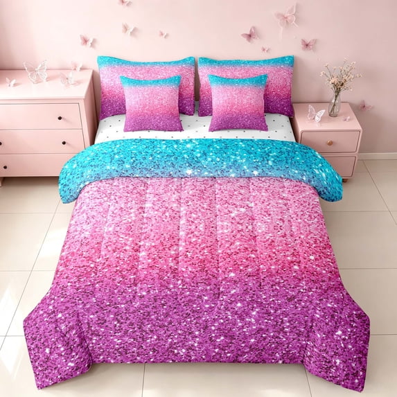 Homewish Ombre Blings Print Queen Bedding for Girls, Cyan Pink Bedding Comforter Set Queen, Reversible, 7 Pieces