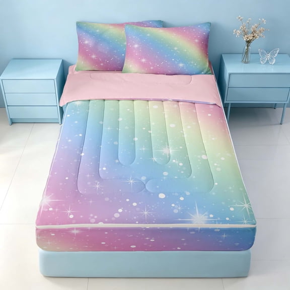 Homewish Ombre Blings Print Zipper Full Size Comforter Sets with Fitted Sheet and 2 Pillowcases for Girls, Cute Rainbow Zipper Bedding Set