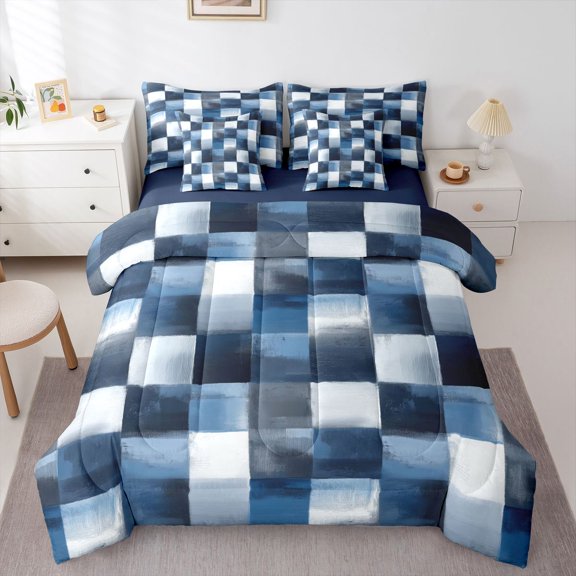Homewish Ombre Checkered 7 Pieces Full Size Bedding Sets,Vintage Abstract Art Full Size Bed in a Bag,Navy Gray,Navy Blue Reversible