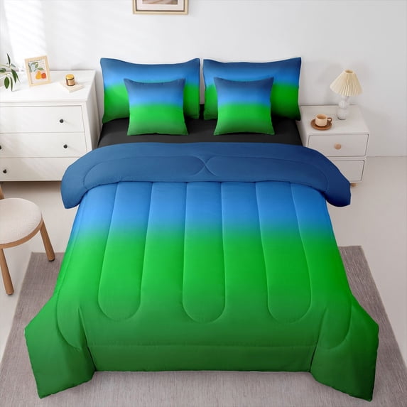 Homewish Ombre Tie Dye 7-Piece Twin Bedding Sets For Children Kids Teens,Abstract Gradient Watercolor Bedding Comforter Set,Green Blue Breathable Sheet Sets,Ultra Soft Home Decor,Reversible