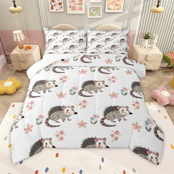 Homewish Opossum Bedding Comforter Set,Cute Flower Florl Twin Comforter Sets,Pink White Gray Bedding Set For Boys Teens，Luxury Bedroom Decor,2-Piece