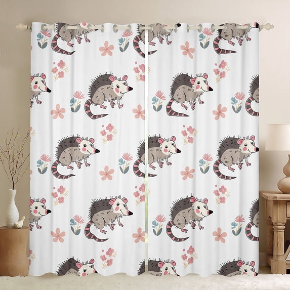 Homewish Opossum Blackout Curtains Set of 2 (52x84 Each),Cute Flower Florl Window Curtains,Pink White Gray Curtains and Drapes For Boys Teens,Luxury Bedroom Decor