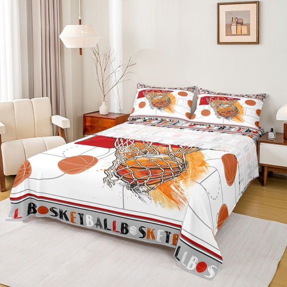 Homewish Orange Basketball 3pcs Twin Sheet Sets For Teens,Sport Theme Twin Fitted Sheet,Ball Game Breathable Flat Sheet,Luxury Bedroom Decor