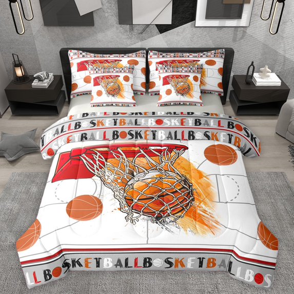Homewish Orange Basketball 7pcs Bedding Comforter Set For Teens,Sport Theme Queen Bedding Sets Super Cozy,Ball Game Queen Sheet Sets,Luxury Bedroom Decor,Reversible