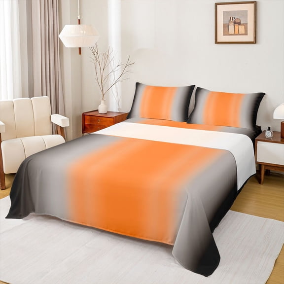 Homewish Orange Black Gray Queen Sheet Sets,Stripes Print Flat Sheet,Abstract Geometric Aesthetic Queen Fitted Sheet For Kids,Microfiber Bedroom Decor,4pcs