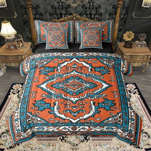 Homewish Orange Blue 7-Piece Twin Bedding Sets,Boho Print Bedding Comforter Set,Retro Abstract Art Sheet Sets For Adults,Microfiber Bedroom Decor Reversible