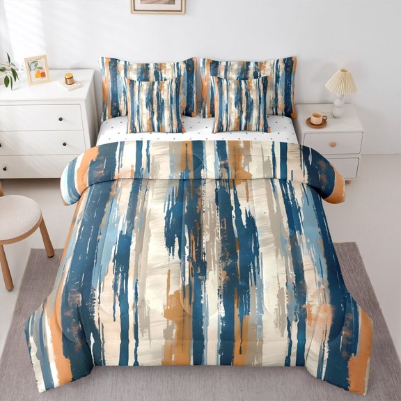 Homewish Orange Blue 7 Pieces Full Size Bedding Sets,Grunge Abstract Art Full Size Bed in a Bag,Reversible
